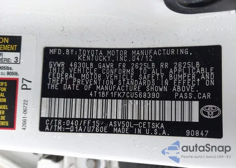 2012 Toyota Camry Se from USA, damaged, VIN 4T1BF1FK7CU568390